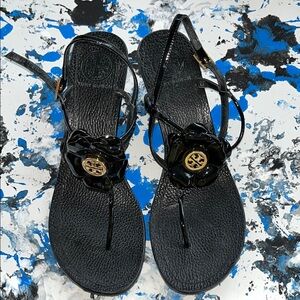 Tory Burch Black Sandals with Gold Logo